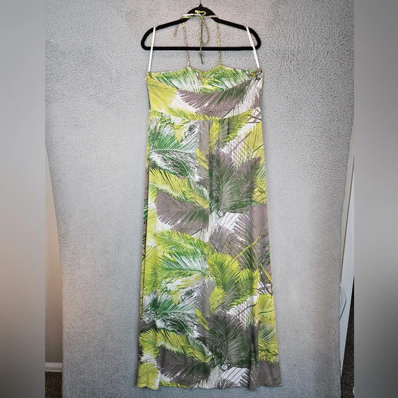 Tori Richards Womens Tropical Leaves Maxi Halter Dress Sz XL Vacation Beach - Picture 7 of 10